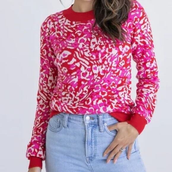 KARLIE Pink & Red Cheetah puff sleeved sweater size small - Picture 1 of 6